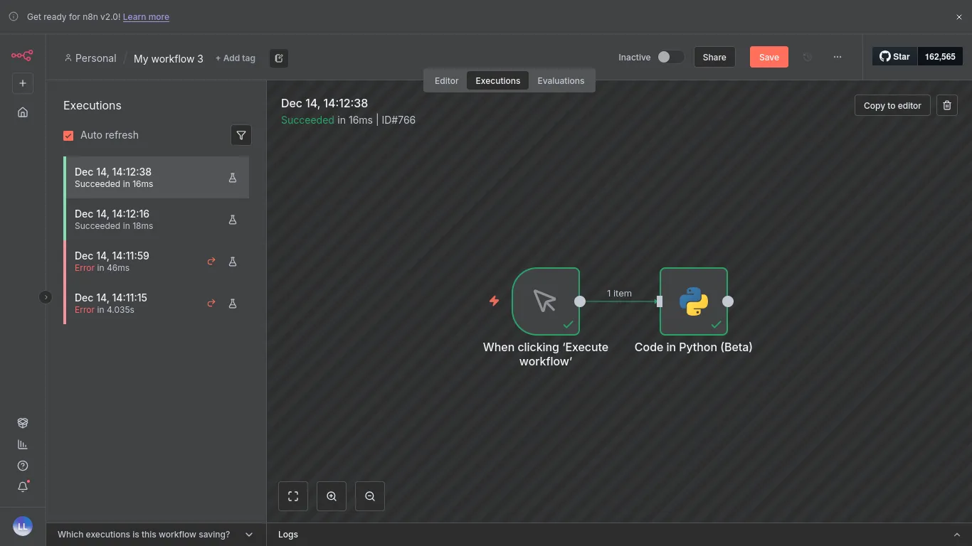 n8n benchmark for Python code execution with 2 nodes