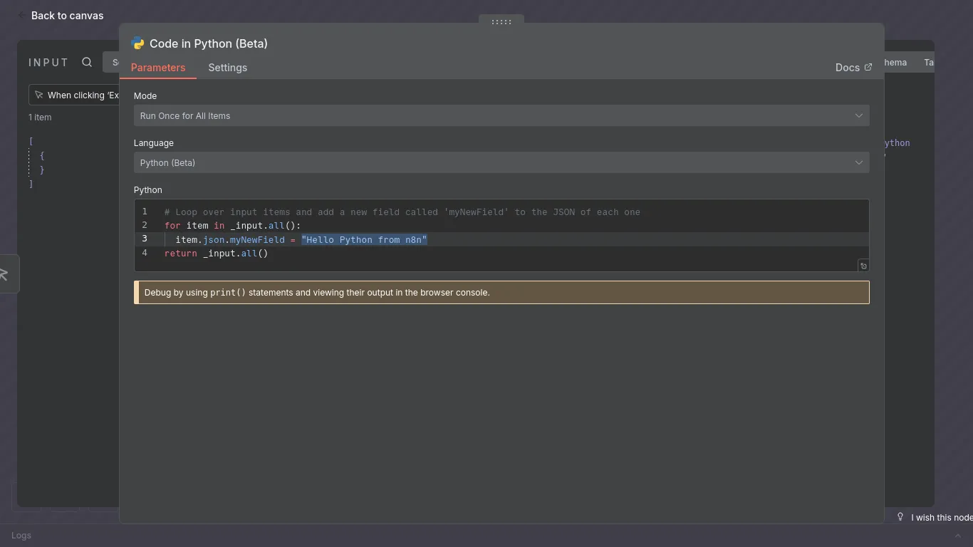 n8n benchmark for Python code execution source code example