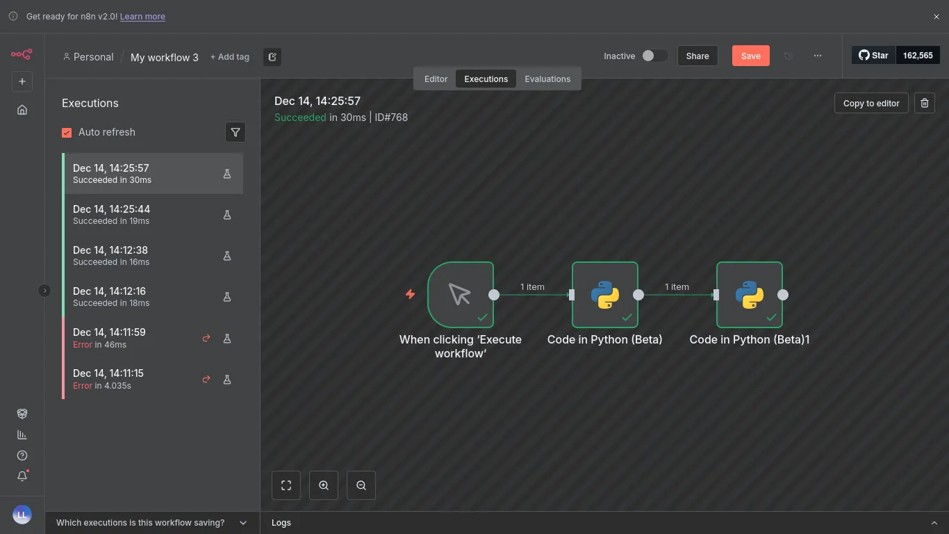 n8n benchmark for Python code execution with 3 nodes
